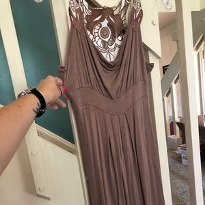 Tan cowl neck lace back dress